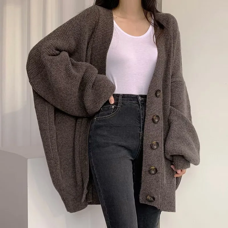Lazy Loose Chic Cardigan nőknek Ősz Tél Ok-okozati túlméretes Új pulóverekben Felsőruházat Fekete koreai divat kötöttáru kabát - 1