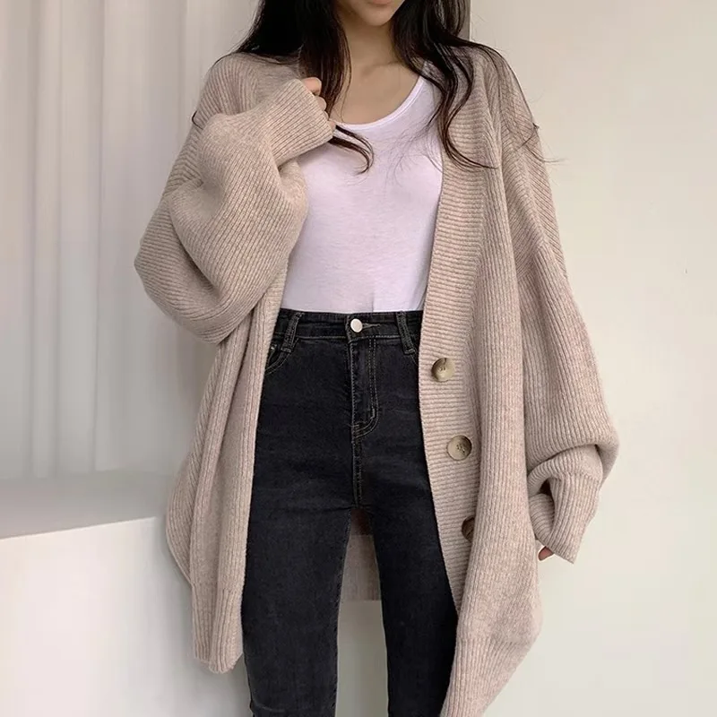 Lazy Loose Chic Cardigan nőknek Ősz Tél Ok-okozati túlméretes Új pulóverekben Felsőruházat Fekete koreai divat kötöttáru kabát - 2