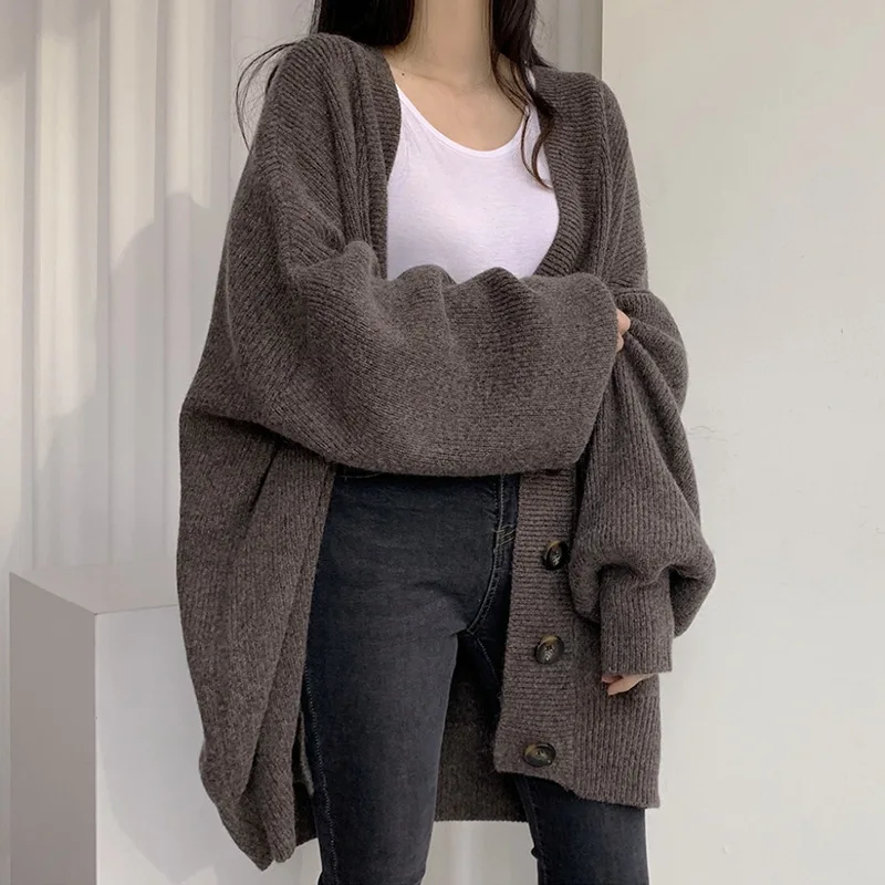 Lazy Loose Chic Cardigan nőknek Ősz Tél Ok-okozati túlméretes Új pulóverekben Felsőruházat Fekete koreai divat kötöttáru kabát - 3