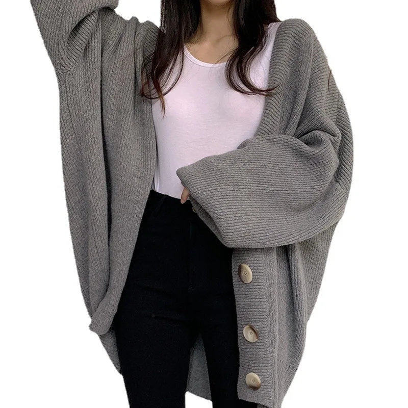 Lazy Loose Chic Cardigan nőknek Ősz Tél Ok-okozati túlméretes Új pulóverekben Felsőruházat Fekete koreai divat kötöttáru kabát - 4