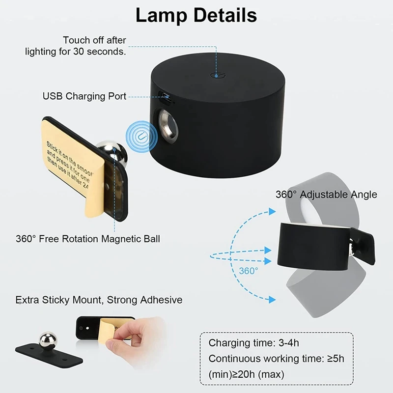 LED fali állvány, falra szerelhető RGB lámpa USB újratölthető 360°-ban forgatható mágneses golyó, vezeték nélküli fali lámpa az ágy mellett - 4