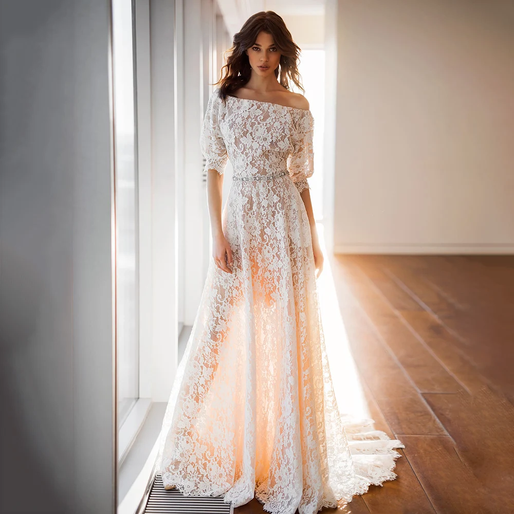 Luxus csipke le a vállról Esküvői ruhák 2023 menyasszonyi félujjúaknak Egy sor elefántcsont pezsgőbéléssel Vestido de Novia - 0