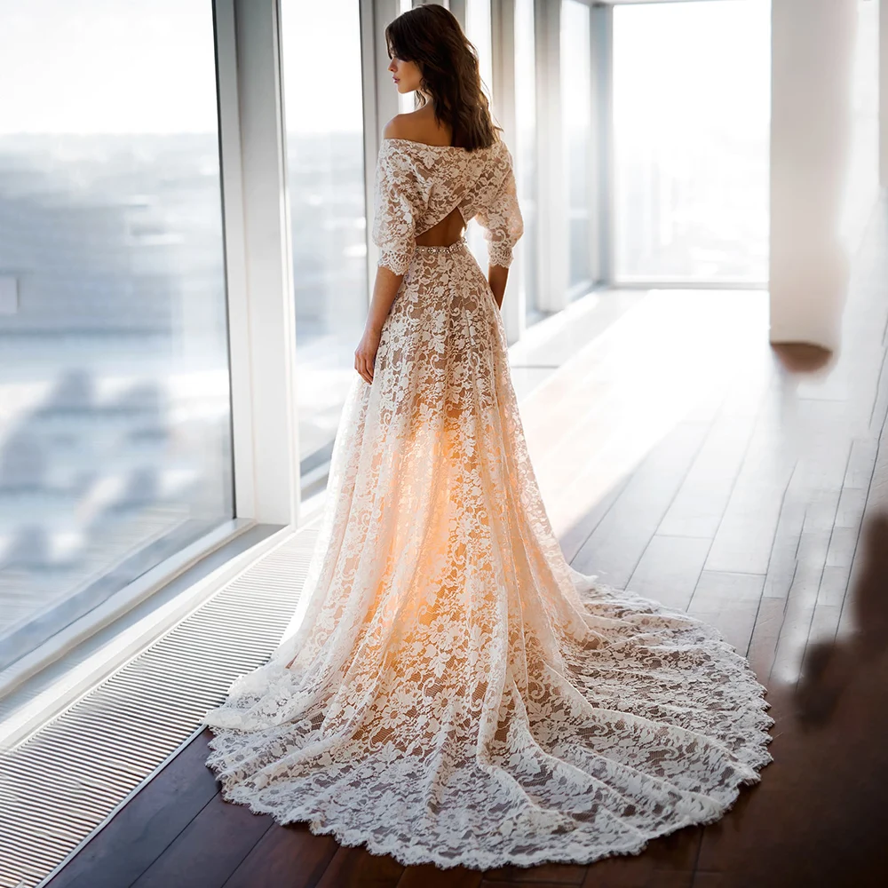 Luxus csipke le a vállról Esküvői ruhák 2023 menyasszonyi félujjúaknak Egy sor elefántcsont pezsgőbéléssel Vestido de Novia - 1