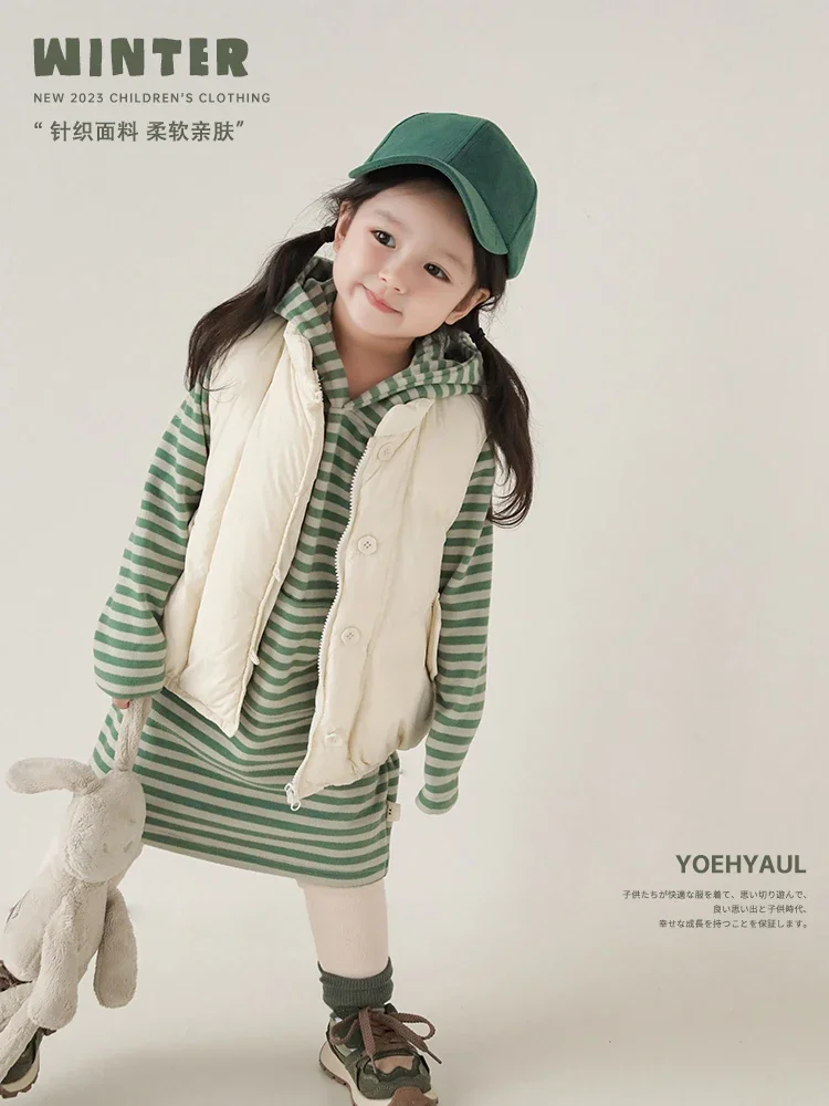 Lányok csíkos alkalmi ruhája téli gyermek édes aranyos szélálló kapucnis zsebruha - 2