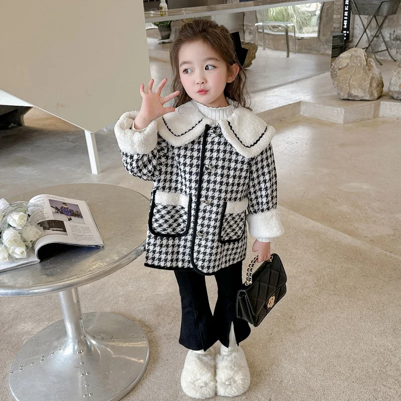 Lányok kabátkabát téli pamut szélfogó 2023 Houndstooth Warm Plus Thickened Bunds Felsőkabát Kiváló minőségű gyermekruházat - 4
