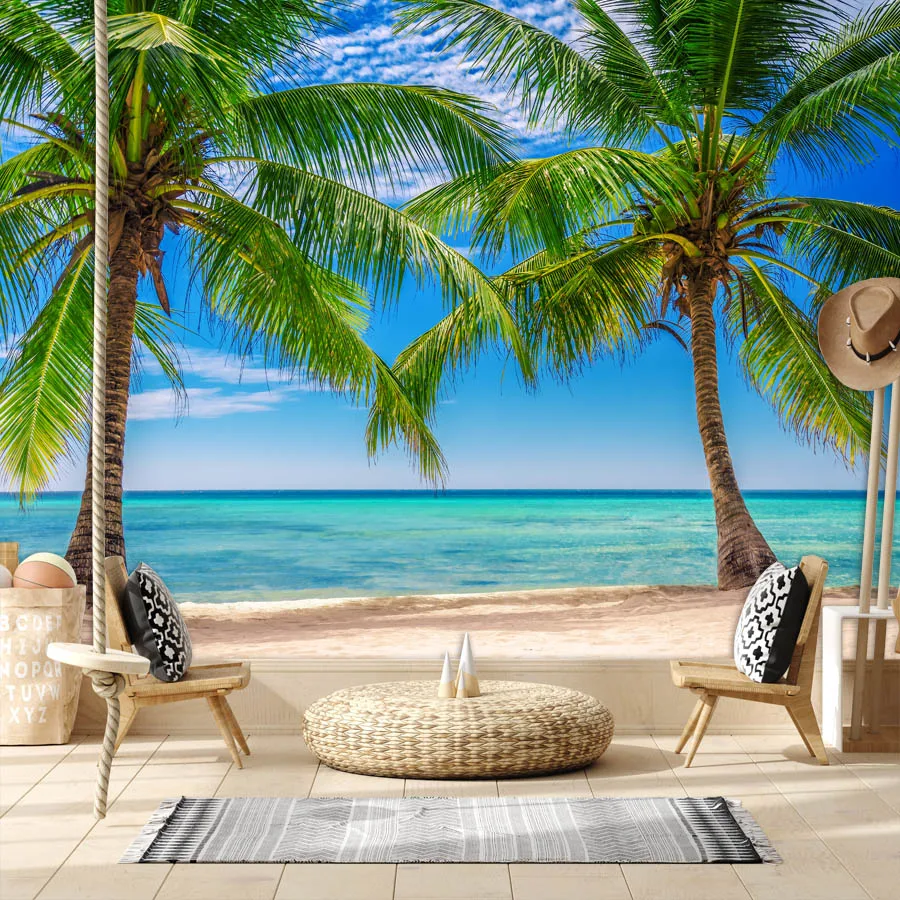 Modern öntapadó Fogadja el a Seascape háttérképeket a nappaliba TV kapcsolat Fali papírok Lakberendezés Hálószoba Strand Palm falfestmény tekercsek - 0