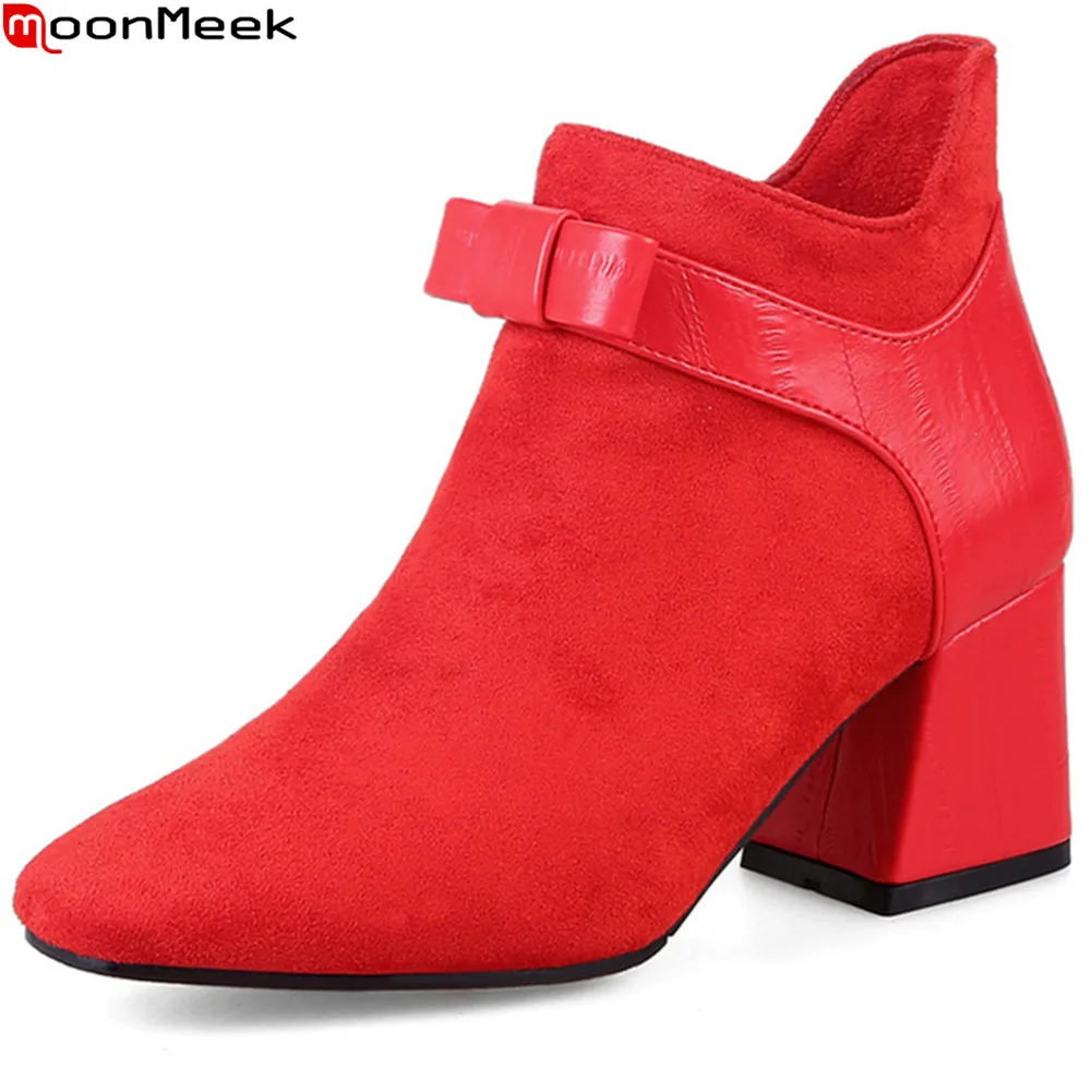 MoonMeek fekete piros divat ősz tél új érkezés női cipő szögletes orr női csizma cipzár szögletes sarok bokacsizma - 0