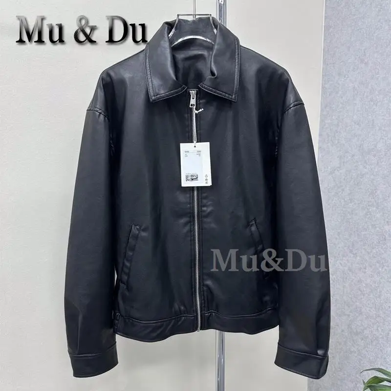 Mu&Du 2024 Tavaszi női ruhák Egyszerű fekete műbőr motoros dzseki Női alkalmi Sokoldalú Pu Laza kabátok Mujer - 0
