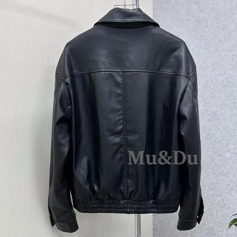Mu&Du 2024 Tavaszi női ruhák Egyszerű fekete műbőr motoros dzseki Női alkalmi Sokoldalú Pu Laza kabátok Mujer - 3