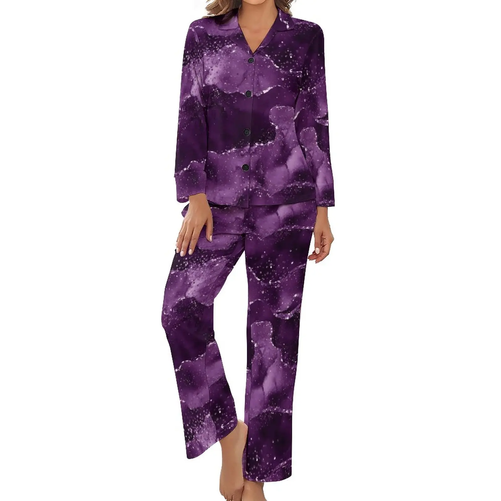 Márvány pizsama női hangulatos lila achát meleg hálóruha őszi hosszú ujjú 2 részes alvás V nyak egyedi pizsama szett - 0