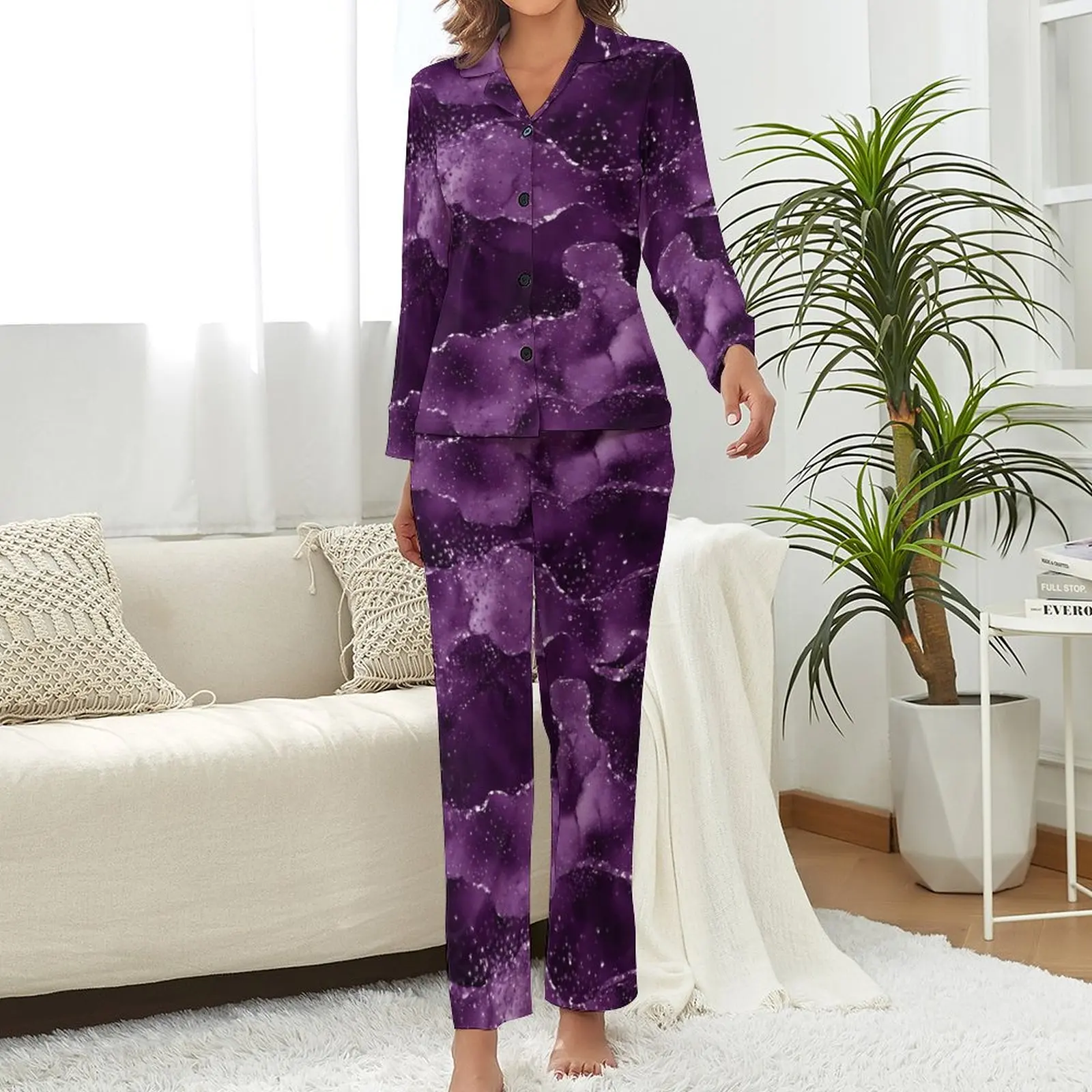 Márvány pizsama női hangulatos lila achát meleg hálóruha őszi hosszú ujjú 2 részes alvás V nyak egyedi pizsama szett - 1