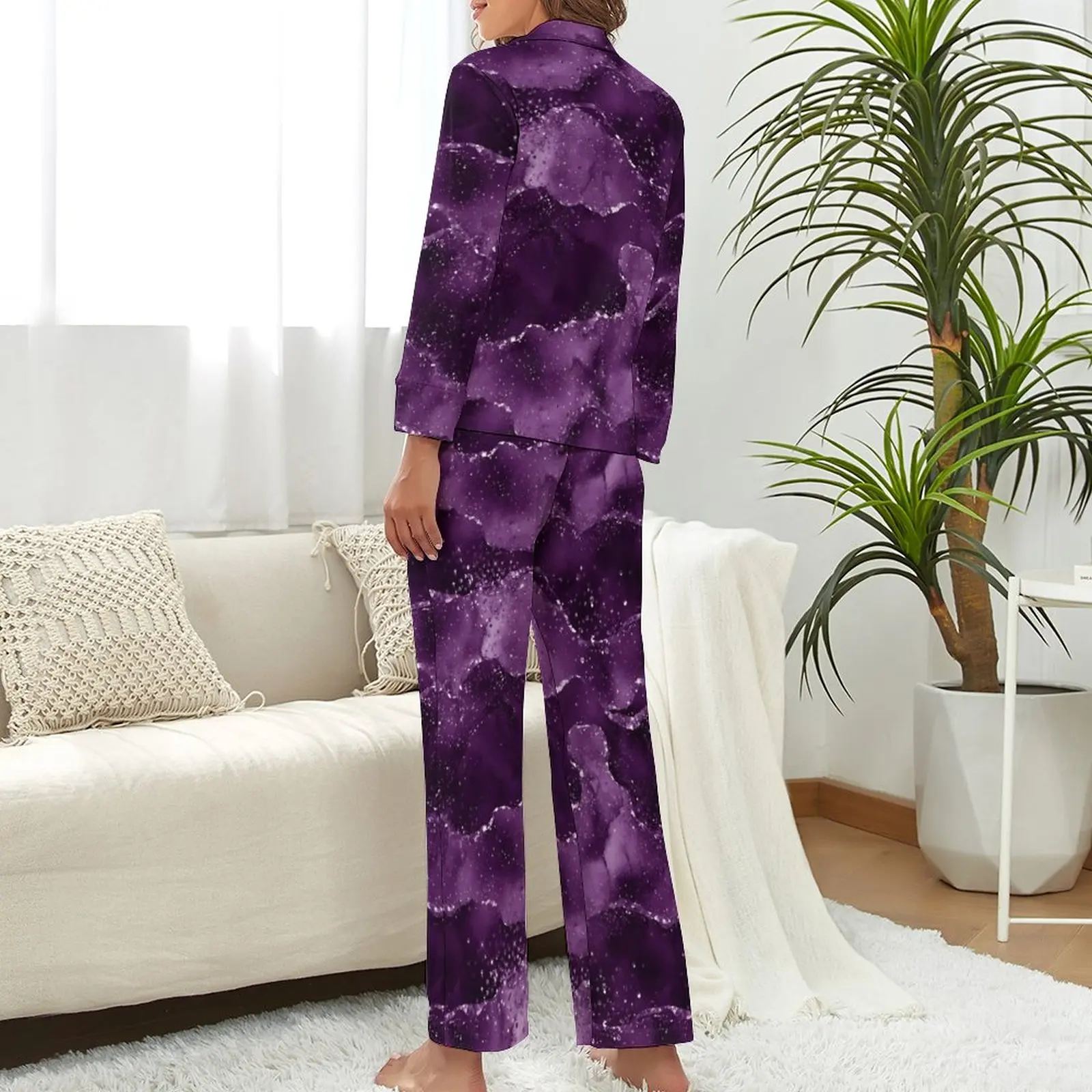 Márvány pizsama női hangulatos lila achát meleg hálóruha őszi hosszú ujjú 2 részes alvás V nyak egyedi pizsama szett - 2