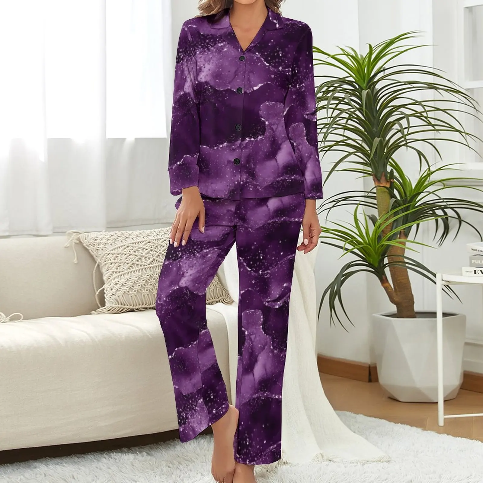 Márvány pizsama női hangulatos lila achát meleg hálóruha őszi hosszú ujjú 2 részes alvás V nyak egyedi pizsama szett - 3