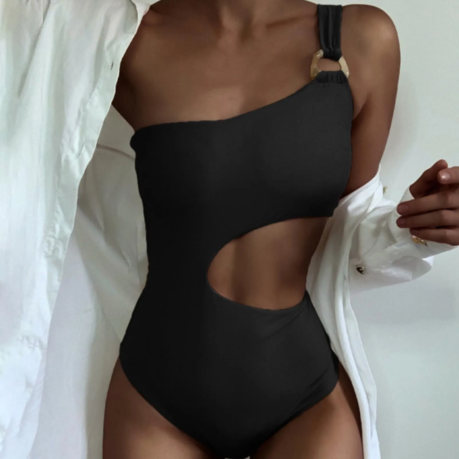 Női Bikini Egyszínű Egyvállú Egyrészes temperamentum Áttört puha fürdőruha Traingle Halter Designer Sense strandra - 2