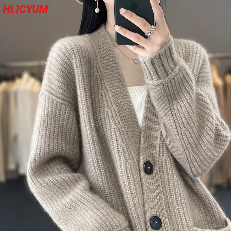Női Cardigan őszi/téli 100% pulóver alkalmi kötött laza női felsők V nyakkal párnázott kabát felső rész egymellű blúz - 2