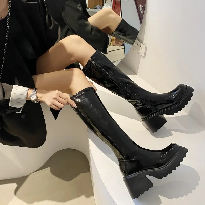 Női cipők 2023 Hot Sale Basic női csizma platform Térdig érő csizma női oldal cipzáras kerek lábujj Vaskos sarok PU cipő női - 3
