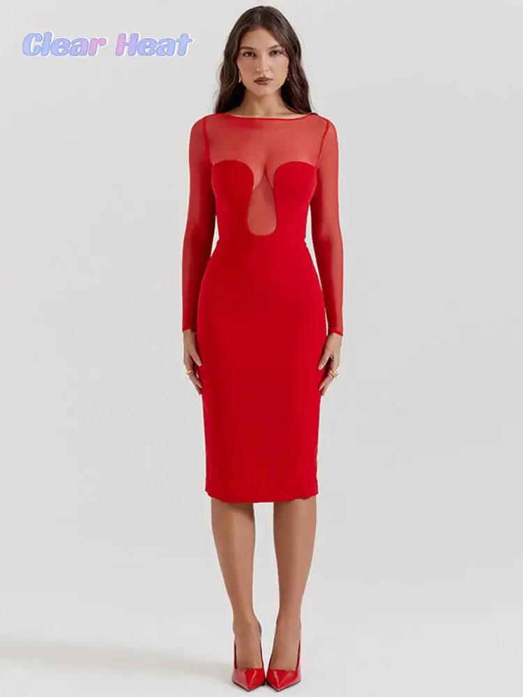 Női divat elegáns piros hosszú ujjú midi ruha o nyak slim fit wrap csípőruhák 2023 őszi női éjszakai party klub Vestidos - 0