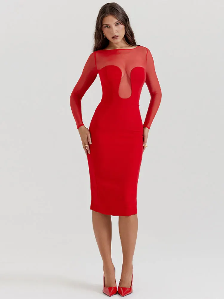 Női divat elegáns piros hosszú ujjú midi ruha o nyak slim fit wrap csípőruhák 2023 őszi női éjszakai party klub Vestidos - 1