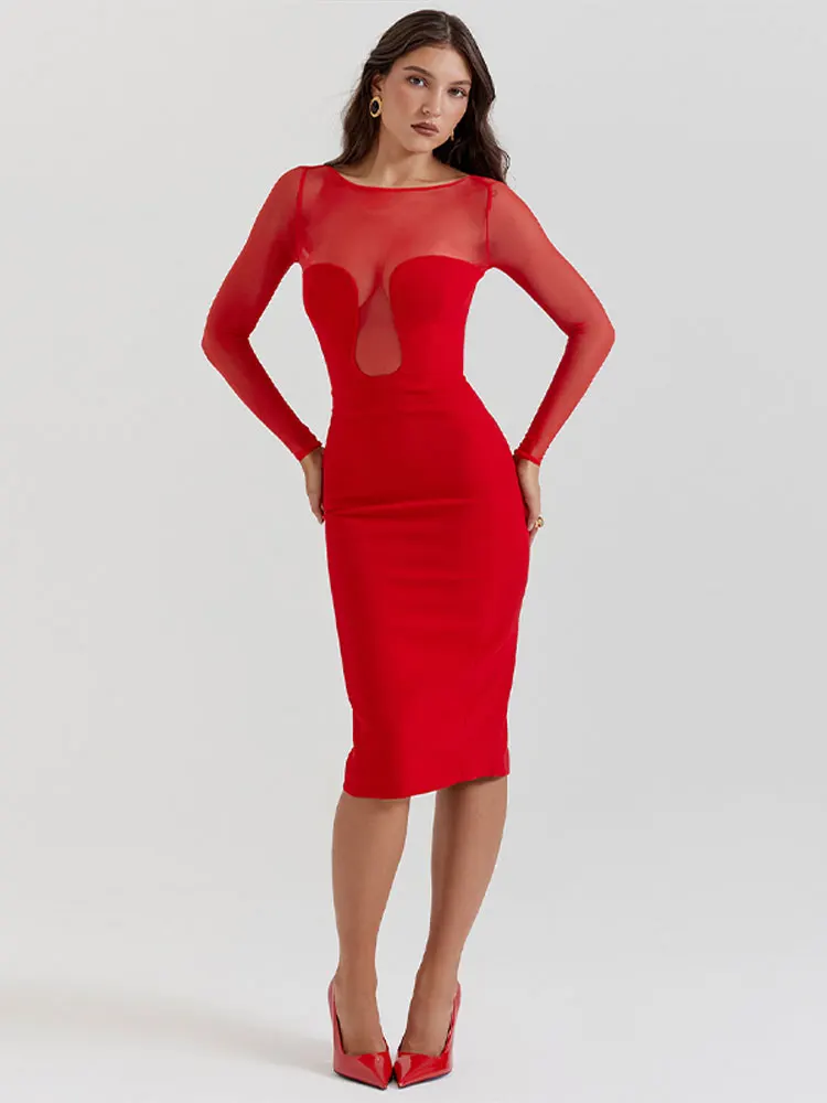 Női divat elegáns piros hosszú ujjú midi ruha o nyak slim fit wrap csípőruhák 2023 őszi női éjszakai party klub Vestidos - 2