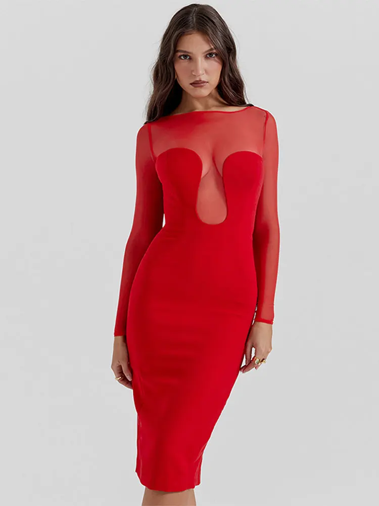 Női divat elegáns piros hosszú ujjú midi ruha o nyak slim fit wrap csípőruhák 2023 őszi női éjszakai party klub Vestidos - 3