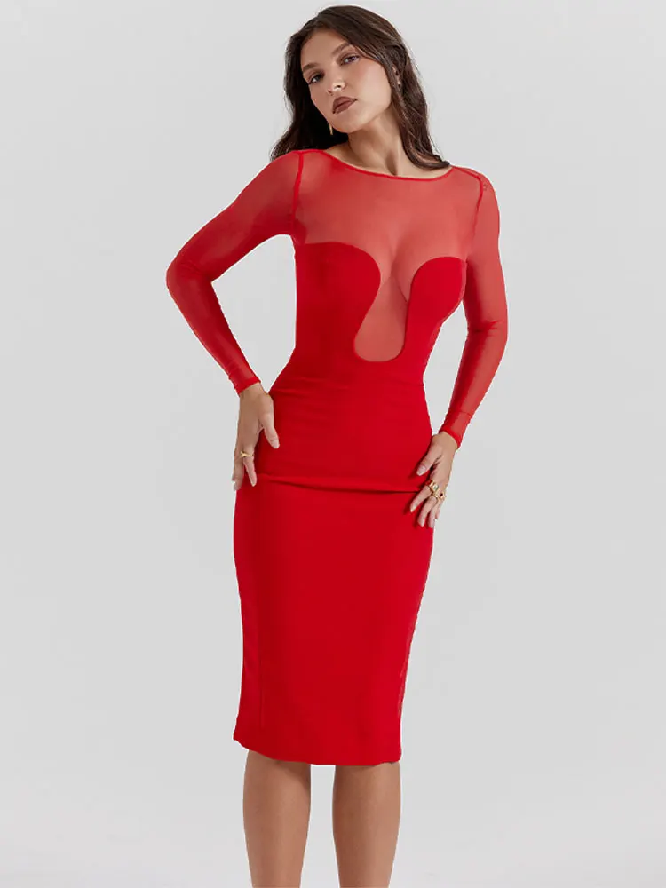 Női divat elegáns piros hosszú ujjú midi ruha o nyak slim fit wrap csípőruhák 2023 őszi női éjszakai party klub Vestidos - 4
