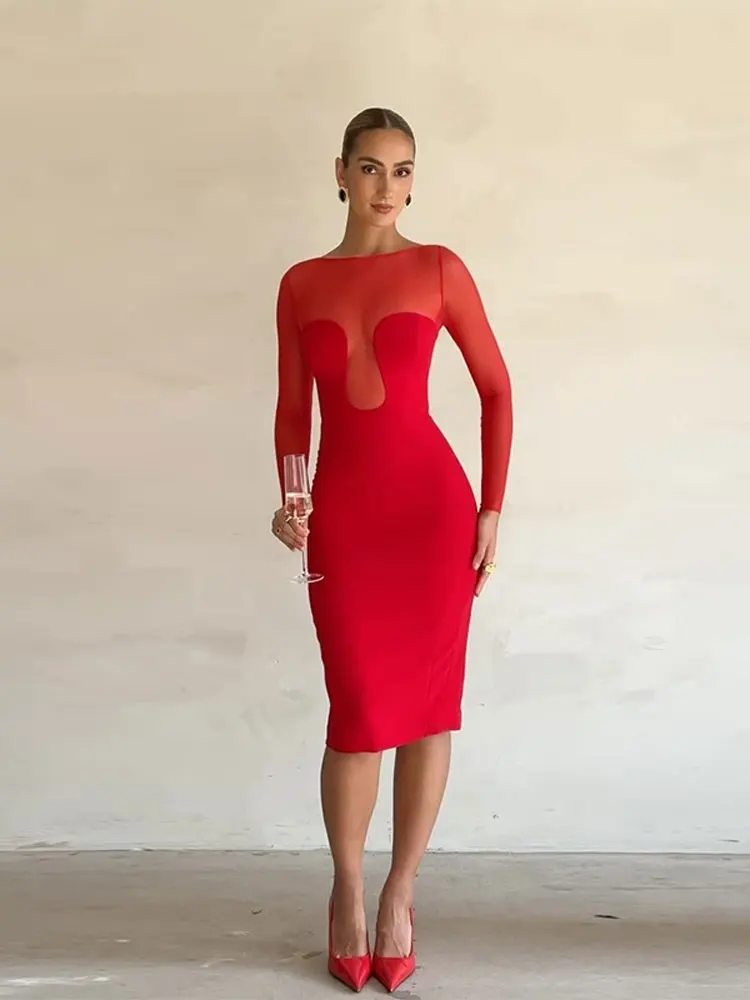 Női divat elegáns piros hosszú ujjú midi ruha o nyak slim fit wrap csípőruhák 2023 őszi női éjszakai party klub Vestidos - 5