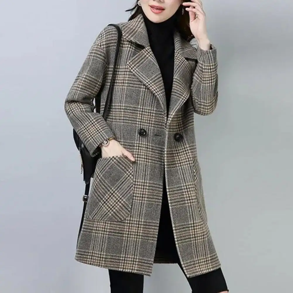Női kockás kabát kockás nyomtatás Szélálló kabát stílusos középhosszú kabát nőknek Ol ingázási kabát - 3