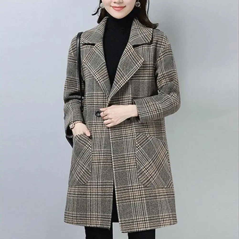 Női kockás kabát kockás nyomtatás Szélálló kabát stílusos középhosszú kabát nőknek Ol ingázási kabát - 4
