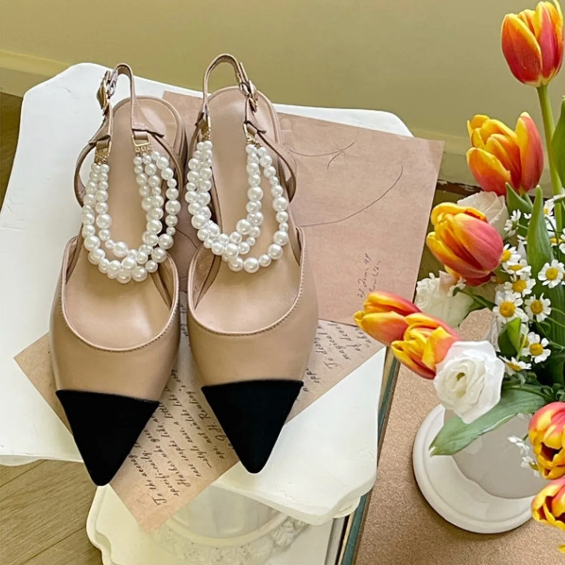 Női lakások Elegáns hevederek Női gyöngyök Cipők Tavasz Ősz Vintage Alacsony sarkú cipő 2 cm Patchwork Lapos cipők Francia stílusú szandálok - 0