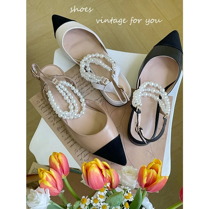 Női lakások Elegáns hevederek Női gyöngyök Cipők Tavasz Ősz Vintage Alacsony sarkú cipő 2 cm Patchwork Lapos cipők Francia stílusú szandálok - 1