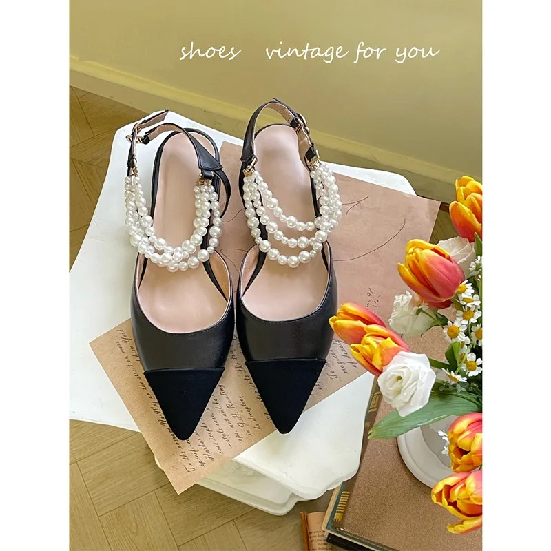 Női lakások Elegáns hevederek Női gyöngyök Cipők Tavasz Ősz Vintage Alacsony sarkú cipő 2 cm Patchwork Lapos cipők Francia stílusú szandálok - 3