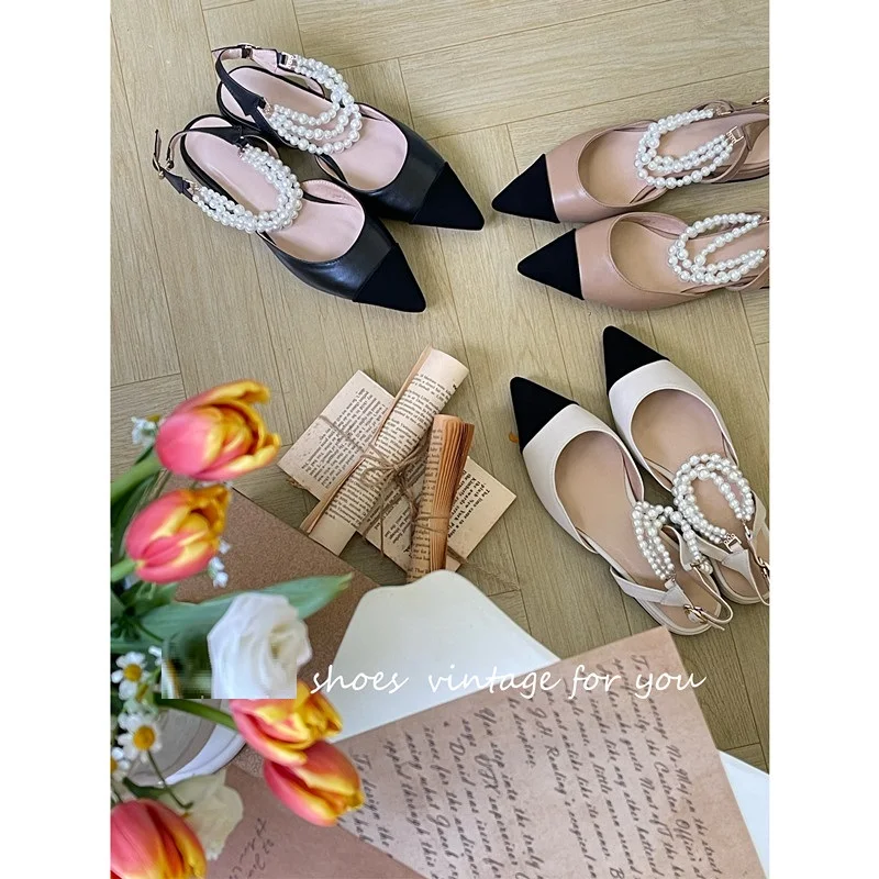Női lakások Elegáns hevederek Női gyöngyök Cipők Tavasz Ősz Vintage Alacsony sarkú cipő 2 cm Patchwork Lapos cipők Francia stílusú szandálok - 5