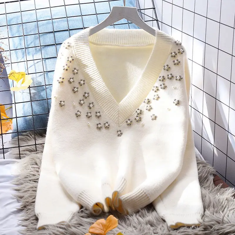 Női pulóver őszi téli pulóverek Koreai stílusú kötöttáru V-nyakú kötött felső női pulóverek Pull Femme ruhák 2023 nyomtatás C23 - 0