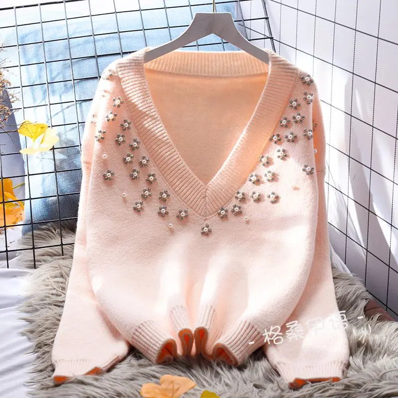 Női pulóver őszi téli pulóverek Koreai stílusú kötöttáru V-nyakú kötött felső női pulóverek Pull Femme ruhák 2023 nyomtatás C23 - 5