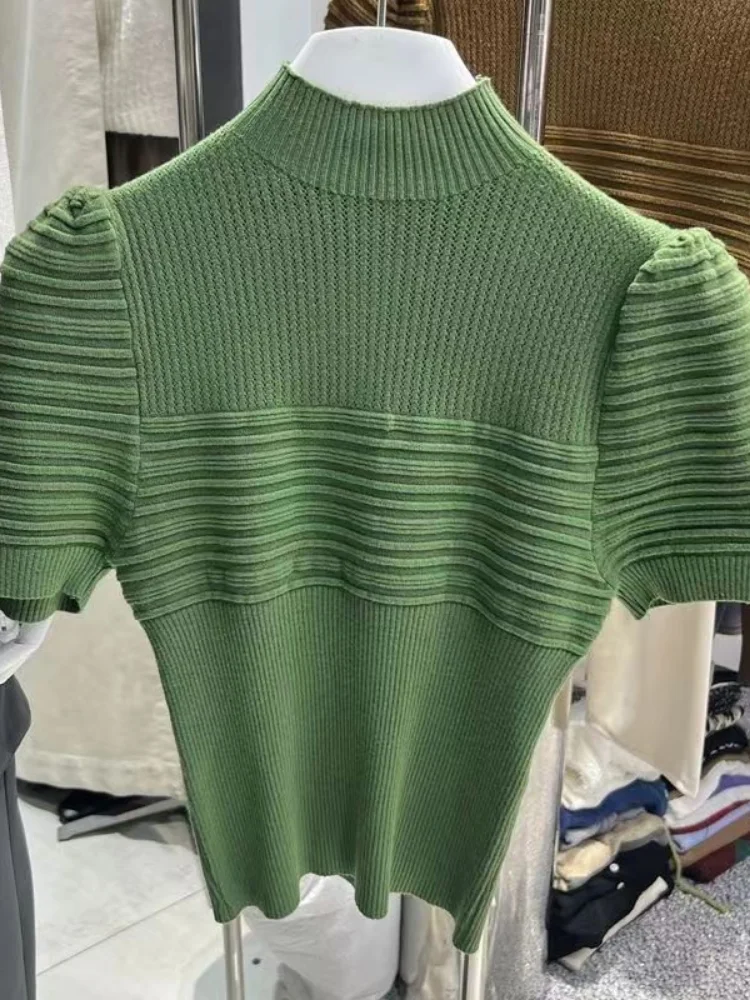 Női pulóverek fél garbó kötött pulóver nyári puffos rövid ujjú tömör pulóverek koreai üreges Y2K crop topok - 3