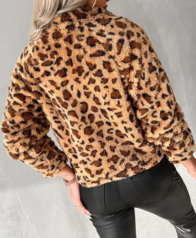 Női rövid kabát Leopárdmintás cipzáras design Fuzzy kabát Őszi és téli meleg álló gallér Hosszú ujjú kabát - 2