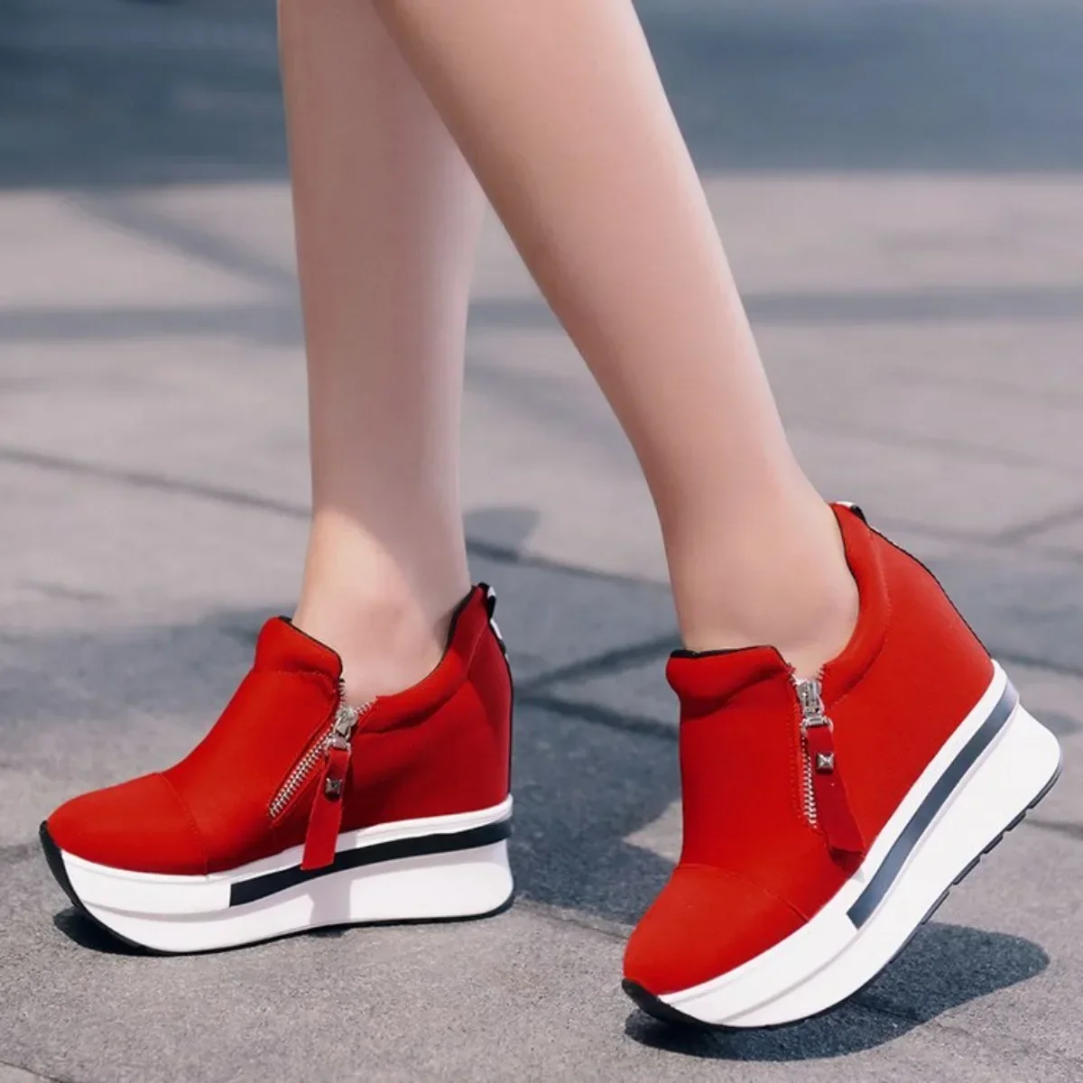 Női ékek Bokacsizma Őszi platform vastag fenéknövekedés Cipő csúszik a cipzáron Divat alkalmi női tornacipők Cipők zapatos - 2