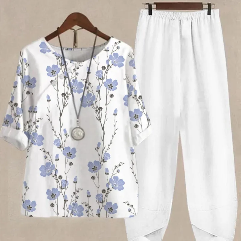 Női öltönyök 2023 Új női alkalmi kerek nyakú félujjú digitális nyomtatott ing és fehér nadrág Női kétrészes szett ruhák - 2
