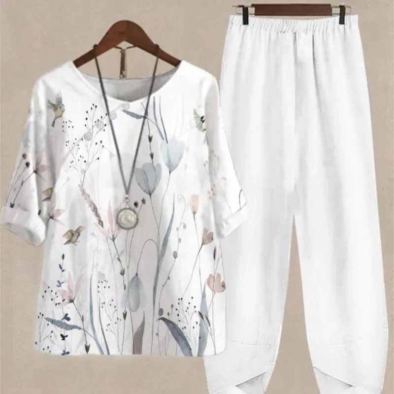 Női öltönyök 2023 Új női alkalmi kerek nyakú félujjú digitális nyomtatott ing és fehér nadrág Női kétrészes szett ruhák - 3