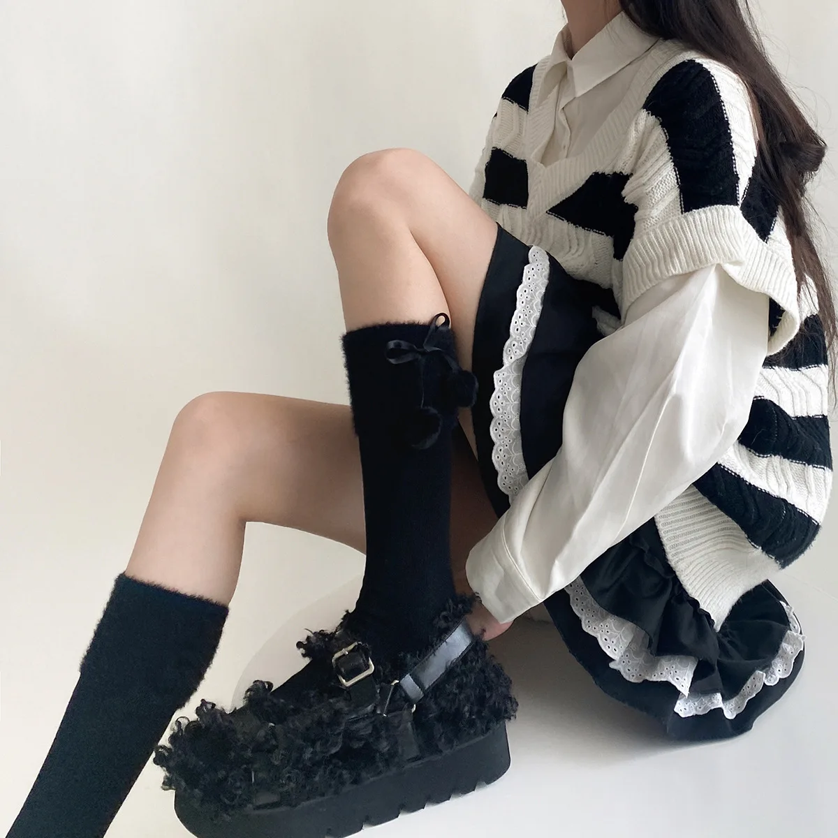 Nők Ősz Tél Vastag meleg zokni Japán Kawaii Aranyos kötés Csokorcsomó Zokni JK Lolita Nők Lányok Édes hosszú zokni Harisnya - 1