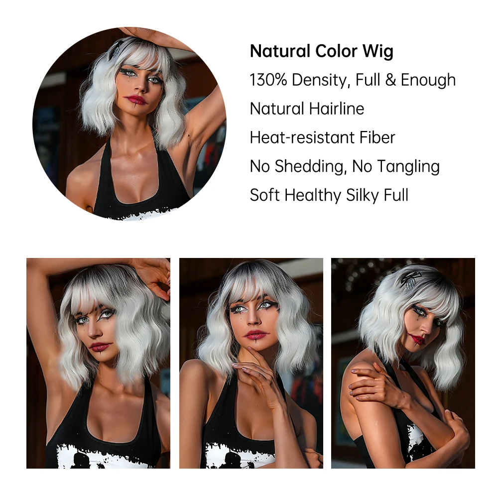 Ombre platinaszőke parókák fekete nőknek Rövid bob szintetikus haj parókák frufruval Hőálló szálas Halloween cosplay paróka - 4