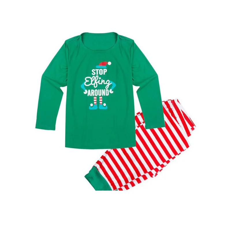 Pizsama szett Családi karácsonyi stílusú rajzfilm nyomtatott zöld szülő gyermek vízszintes csíkos napi ruha - 3