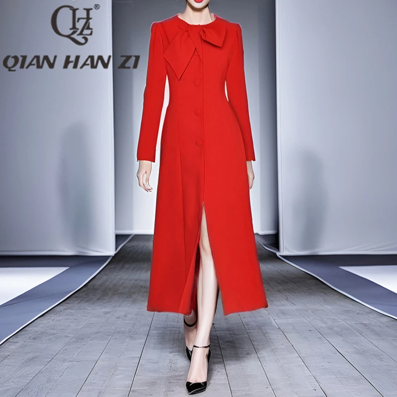 QHZ Őszi/téli tervező Divat Vintage ruha Hosszú női hosszú ujjú masni Egymellű hasított elegáns piros Megvastagított ruha - 0