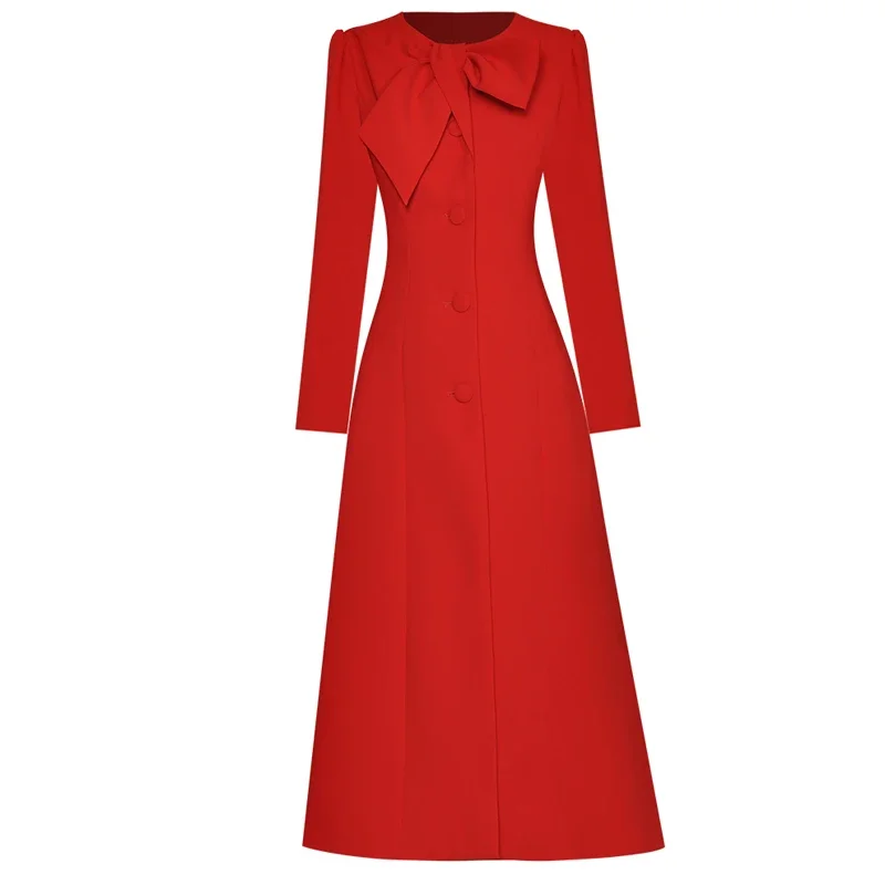 QHZ Őszi/téli tervező Divat Vintage ruha Hosszú női hosszú ujjú masni Egymellű hasított elegáns piros Megvastagított ruha - 1