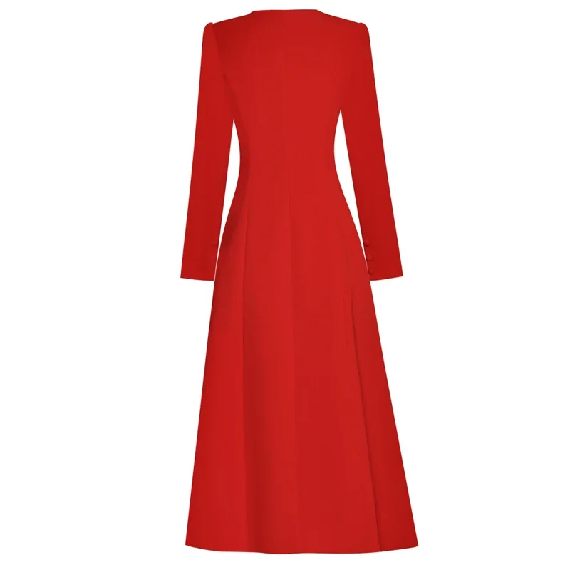 QHZ Őszi/téli tervező Divat Vintage ruha Hosszú női hosszú ujjú masni Egymellű hasított elegáns piros Megvastagított ruha - 2
