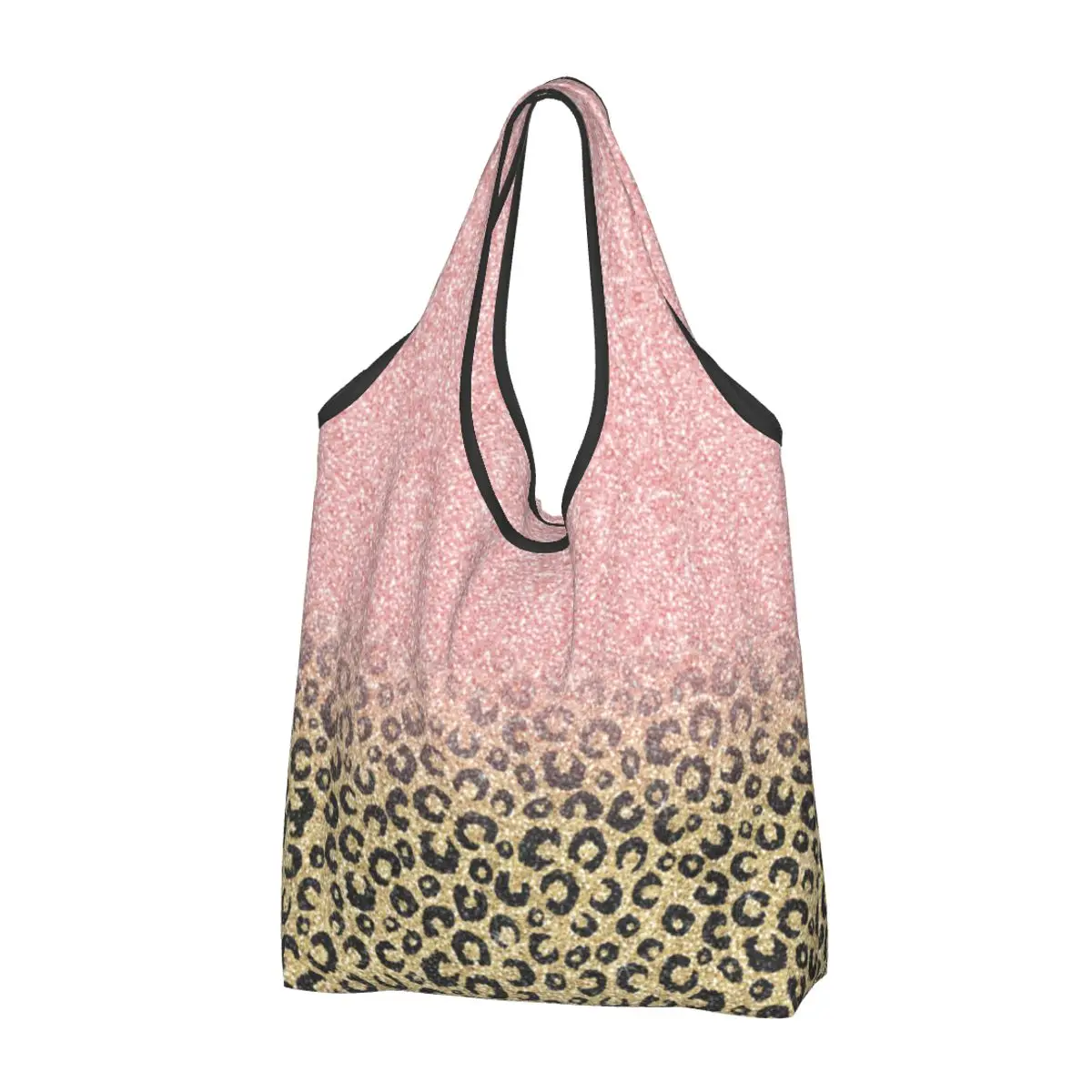 Rose Gold Glitter Black Leopard bevásárlótáskák Újrafelhasználható élelmiszerboltok Eco táskák Nagy kapacitású újrahasznosító táskák Mosható kézitáska - 0