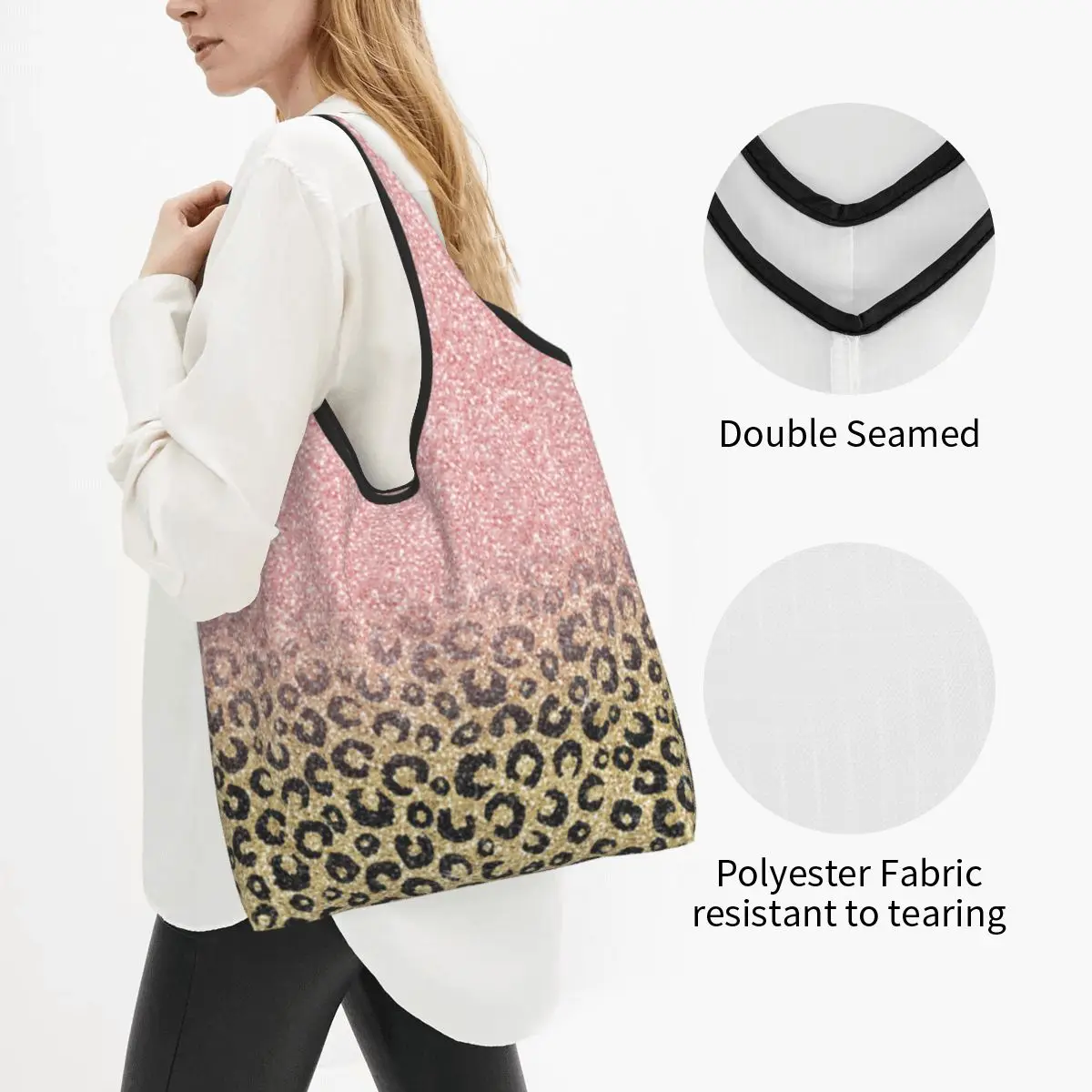 Rose Gold Glitter Black Leopard bevásárlótáskák Újrafelhasználható élelmiszerboltok Eco táskák Nagy kapacitású újrahasznosító táskák Mosható kézitáska - 1