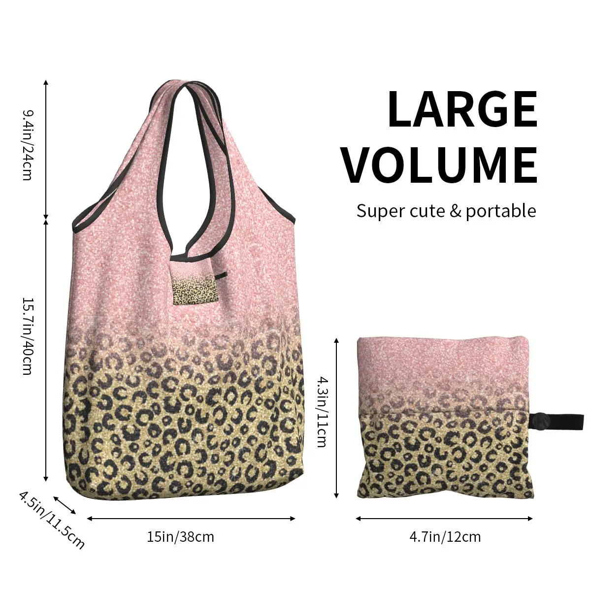 Rose Gold Glitter Black Leopard bevásárlótáskák Újrafelhasználható élelmiszerboltok Eco táskák Nagy kapacitású újrahasznosító táskák Mosható kézitáska - 2