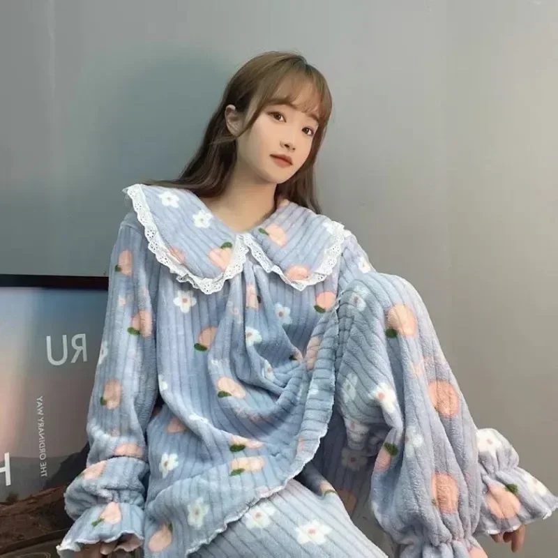 Sleep Home 2 téli szett Piiama öltönydarab csipke hálóruha koreai viselet bársony gyapjú őszibarack nők meleg nadrág pizsama bolyhos éjszaka - 2