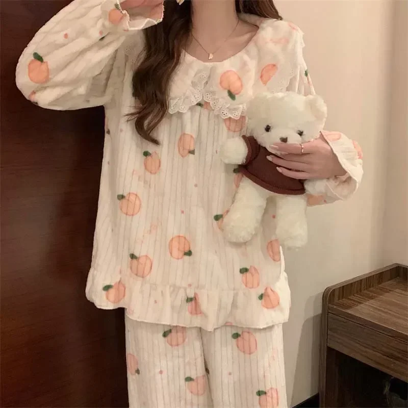 Sleep Home 2 téli szett Piiama öltönydarab csipke hálóruha koreai viselet bársony gyapjú őszibarack nők meleg nadrág pizsama bolyhos éjszaka - 3